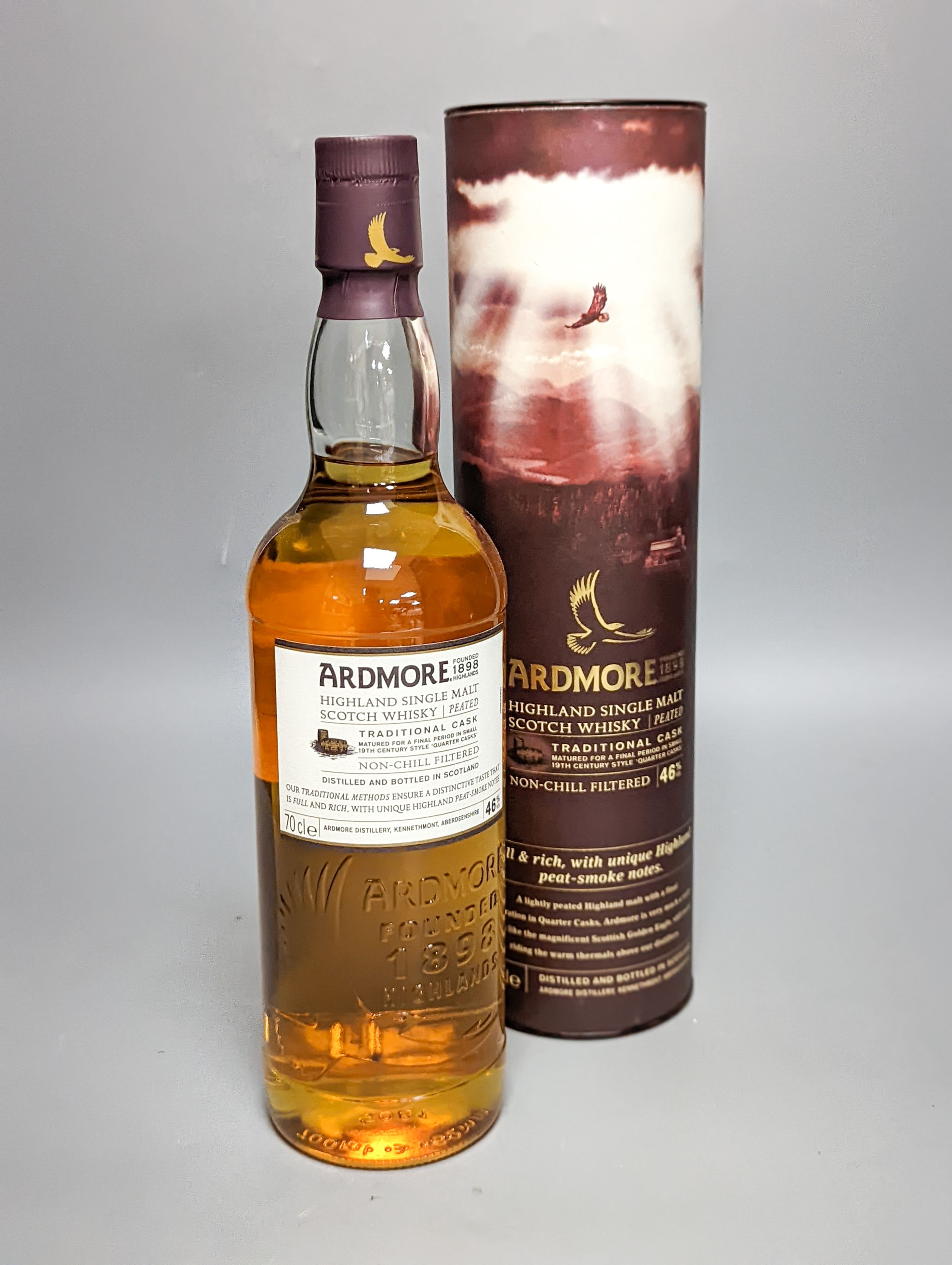 Four assorted single malt whiskies including Laphroaig 10 year old, Ardmore, Clynelish 14 year old and Highland Park aged 12 years, all boxed.